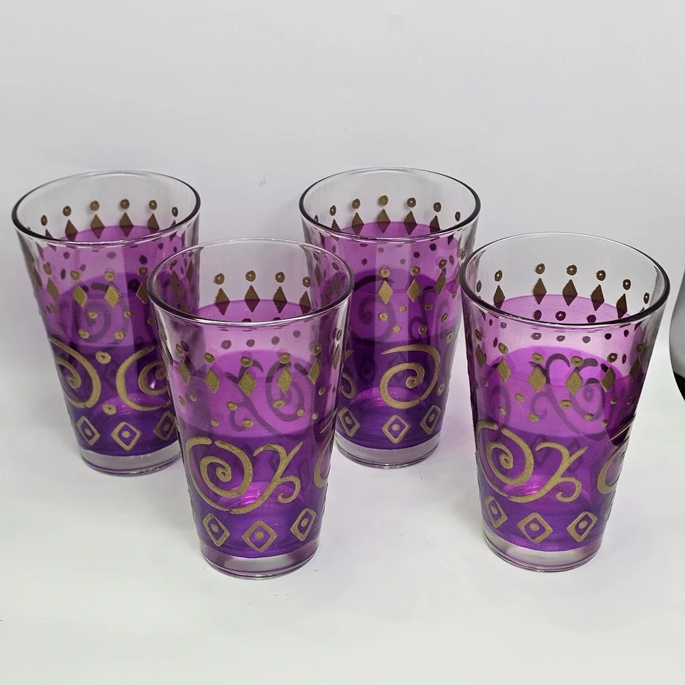 Cerve Italy Purple Gold Moroccan Scroll Glass Tumblers Set of 4 Mediterranean